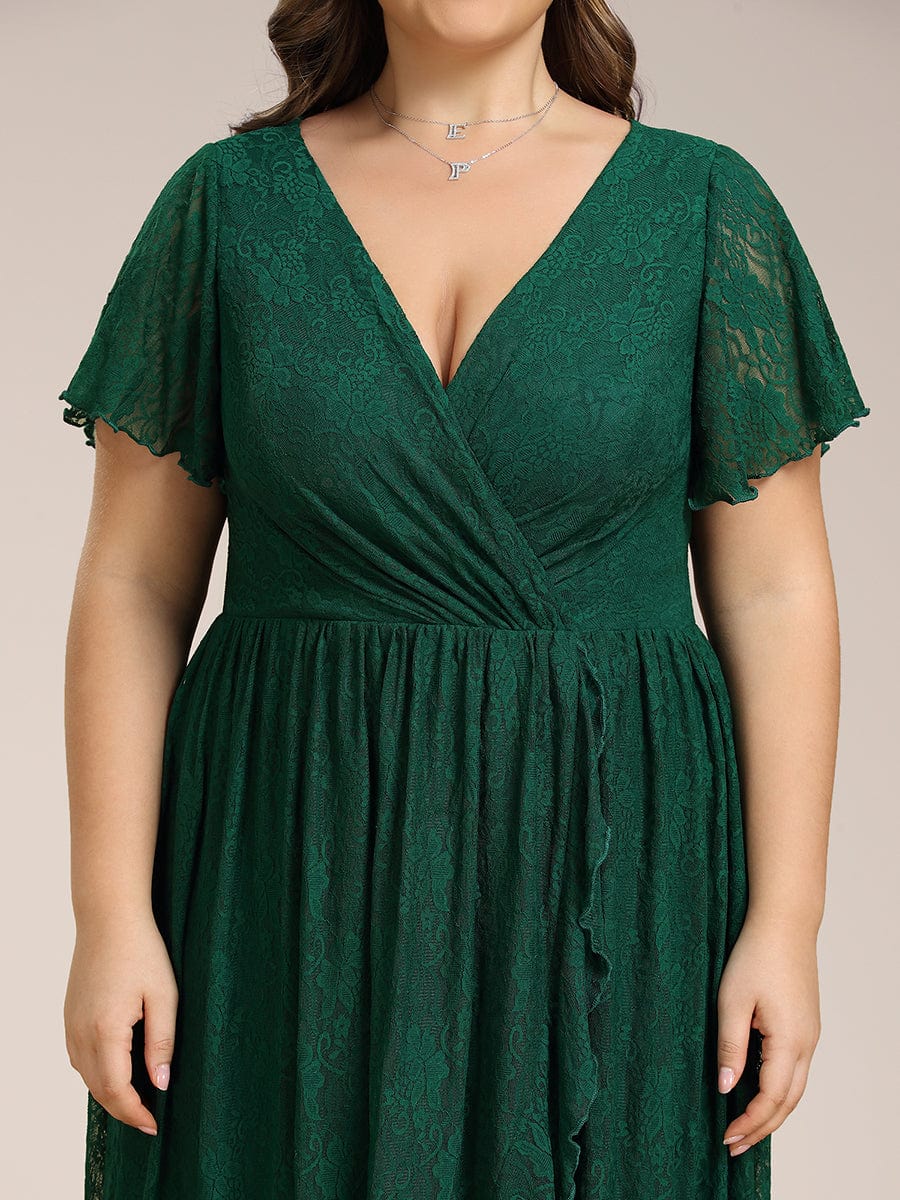 Pleated V-Neck Short Sleeve Ruffled Lace Evening Dress #color_Dark Green