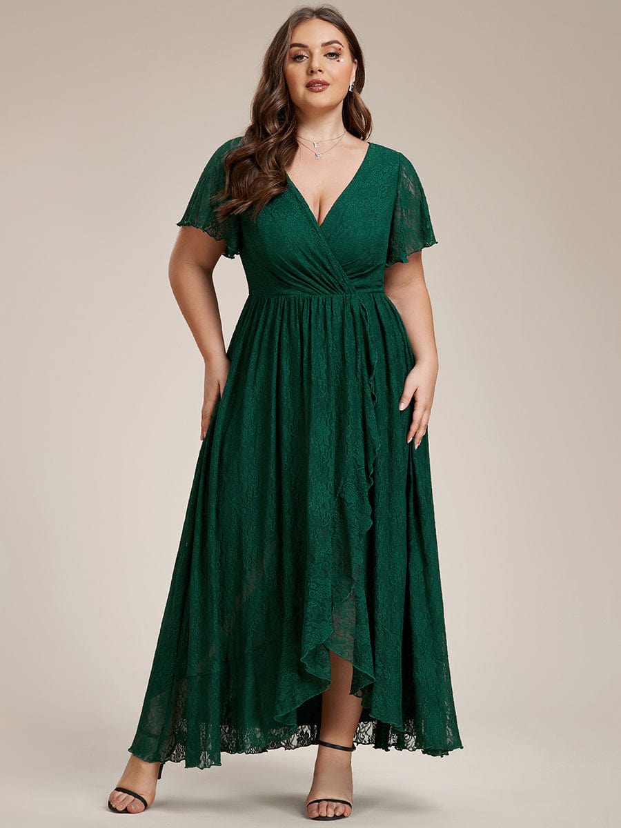 Custom Size Short Sleeve Ruffled V-Neck A-Line Lace Evening Dress #color_Dark Green