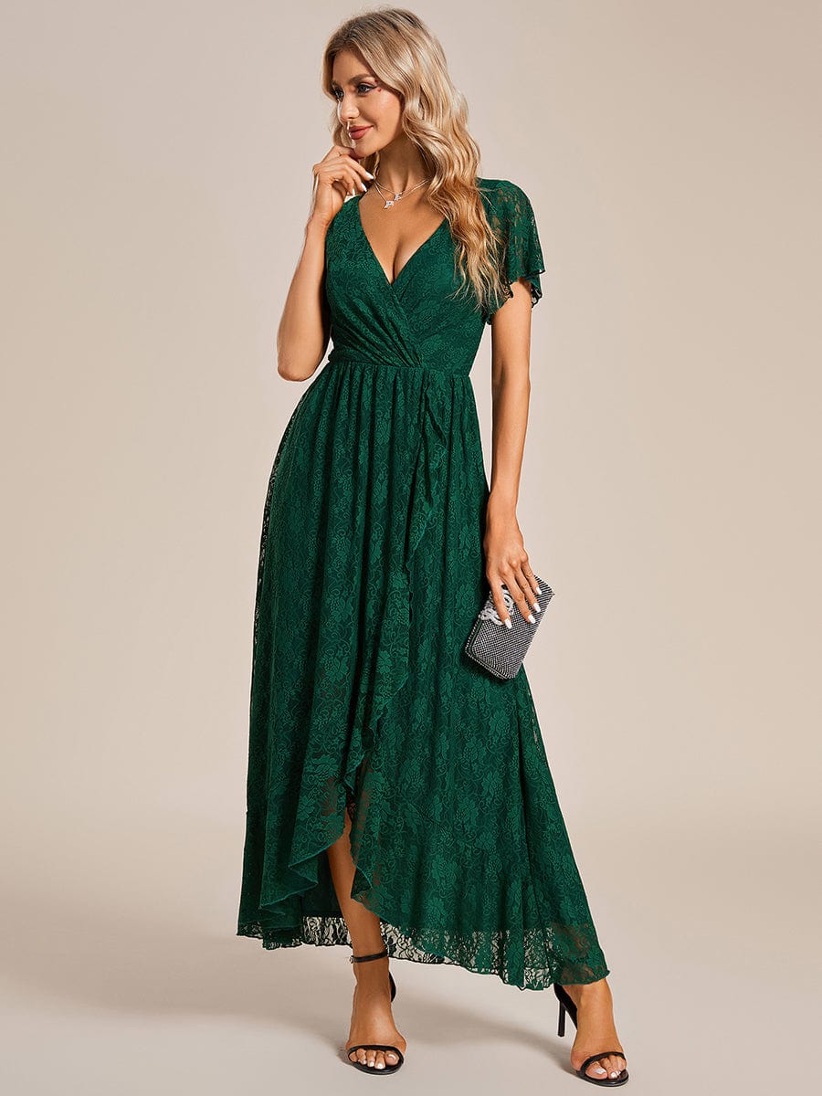 Pleated V-Neck Short Sleeve Ruffled Lace Evening Dress #color_Dark Green