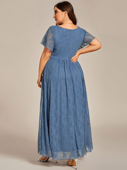 Pleated V-Neck Short Sleeve Ruffled Lace Evening Dress #color_Dusty Navy