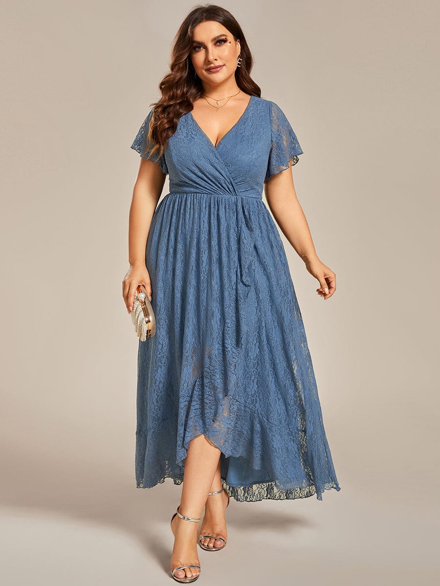 Plus Size Short Sleeve Ruffled V-Neck A-Line Lace Evening Dress #color_Dusty Navy