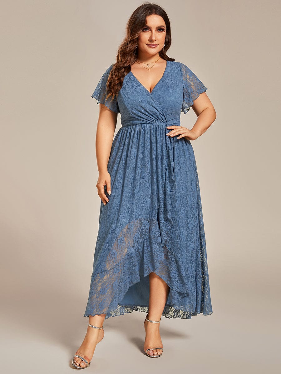 Plus Size Short Sleeve Ruffled V-Neck A-Line Lace Evening Dress #color_Dusty Navy