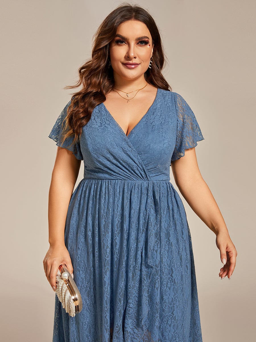 Pleated V-Neck Short Sleeve Ruffled Lace Evening Dress #color_Dusty Navy