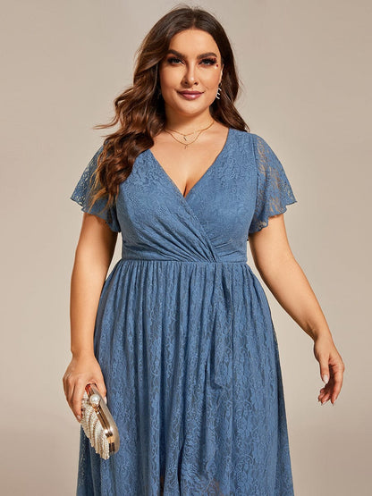 Plus Size Short Sleeve Ruffled V-Neck A-Line Lace Evening Dress #color_Dusty Navy