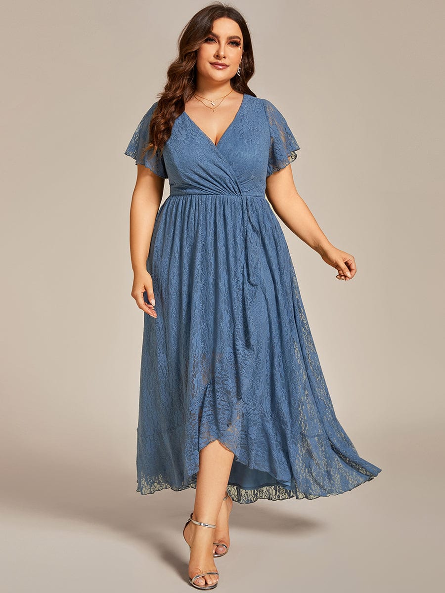 Plus Size Short Sleeve Ruffled V-Neck A-Line Lace Evening Dress #color_Dusty Navy