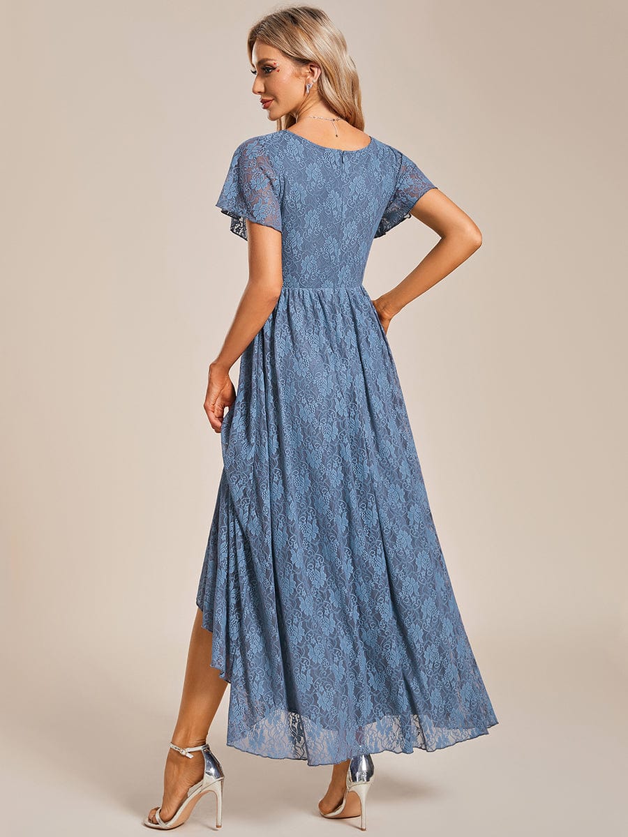 Pleated V-Neck Short Sleeve Ruffled Lace Evening Dress #color_Dusty Navy