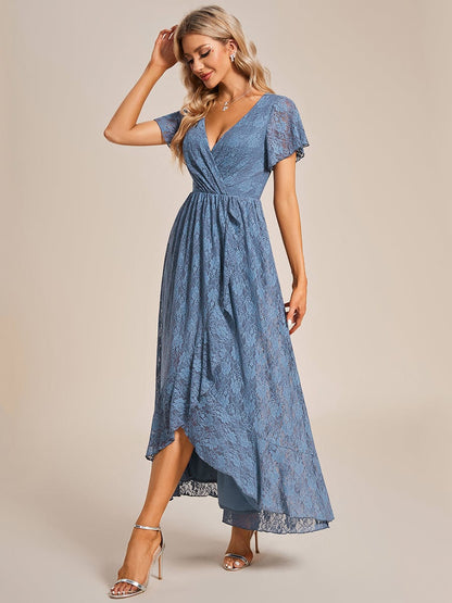 Pleated V-Neck Short Sleeve Ruffled Lace Evening Dress #color_Dusty Navy