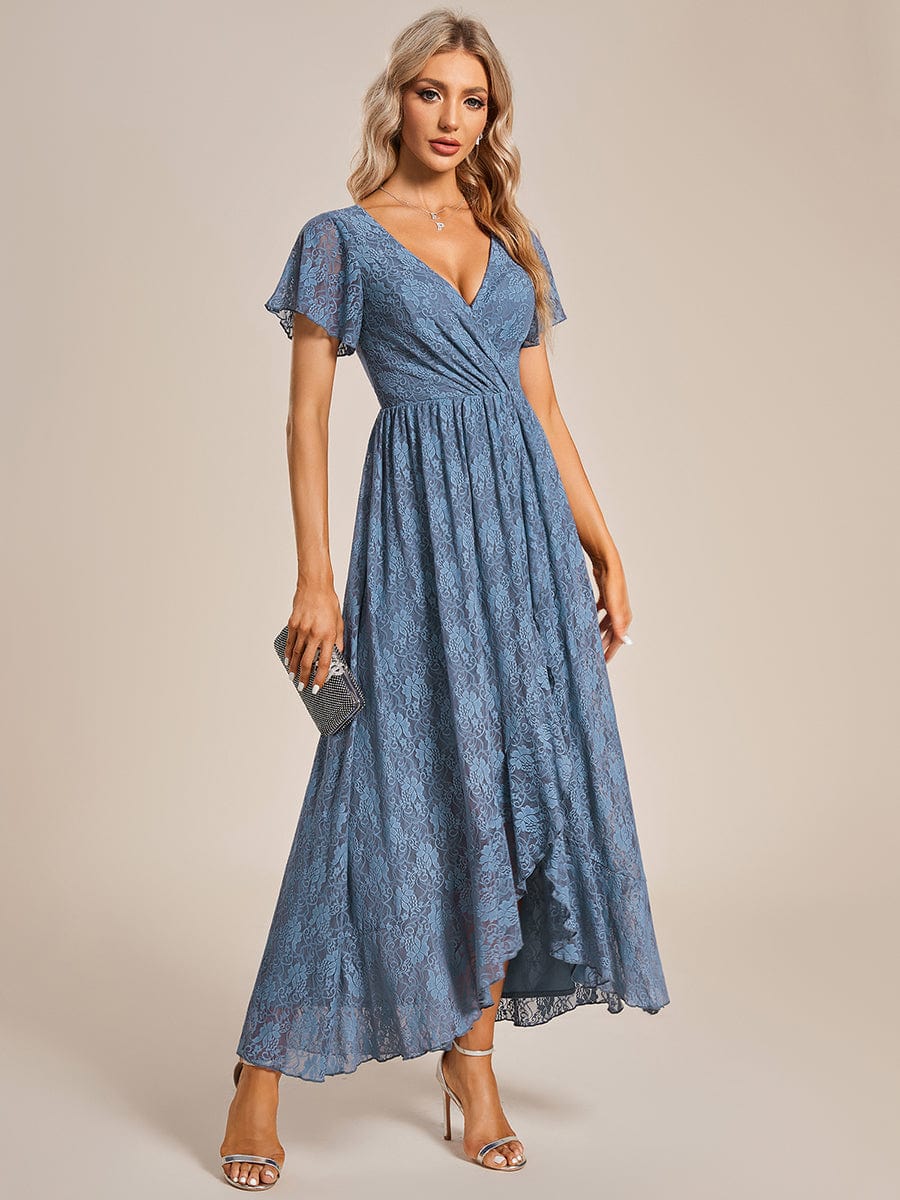 Pleated V-Neck Short Sleeve Ruffled Lace Evening Dress #color_Dusty Navy