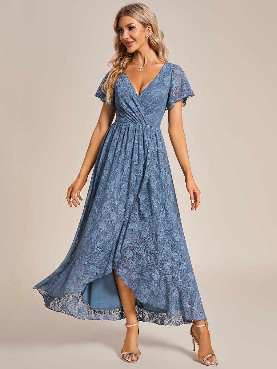 Pleated V-Neck Short Sleeve Ruffled Lace Evening Dress #color_Dusty Navy