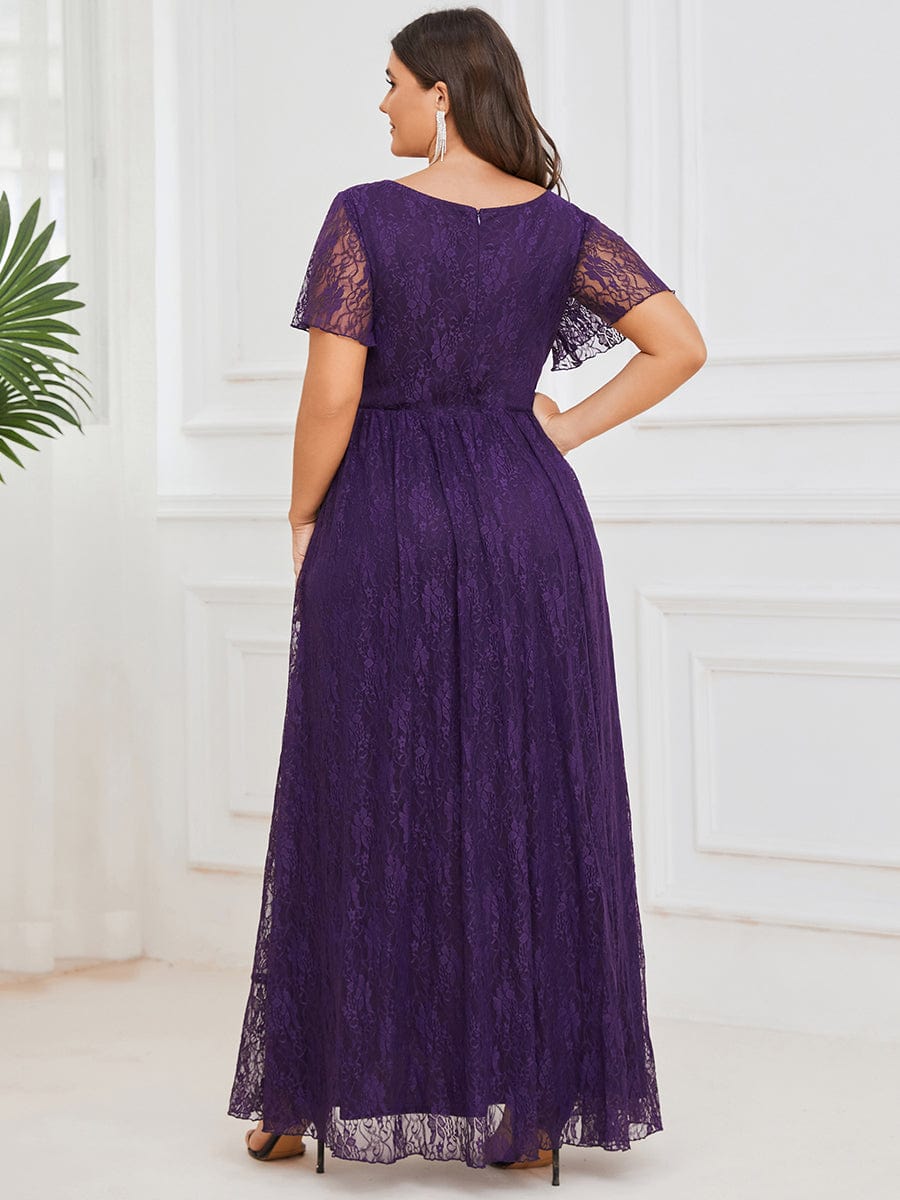 Pleated V-Neck Short Sleeve Ruffled Lace Evening Dress #color_Dark Purple