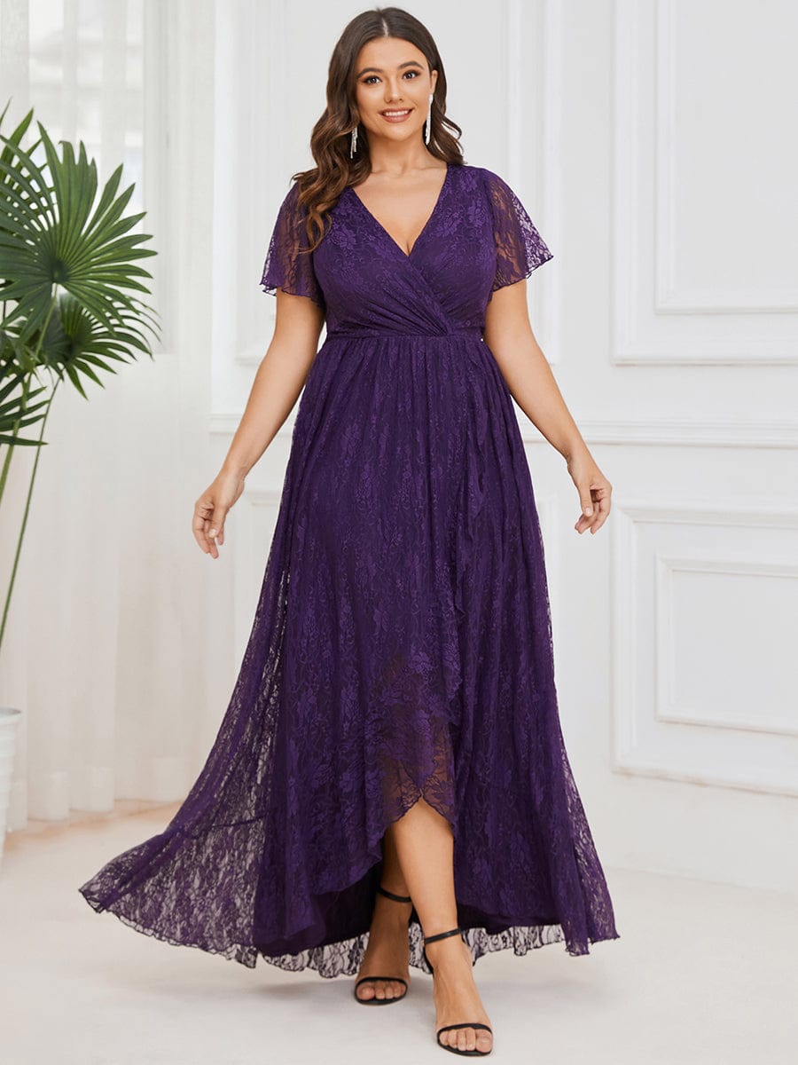 Plus Size Short Sleeve Ruffled V-Neck A-Line Lace Evening Dress #color_Dark Purple