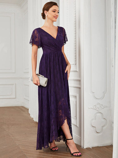 Pleated V-Neck Short Sleeve Ruffled Lace Evening Dress #color_Dark Purple