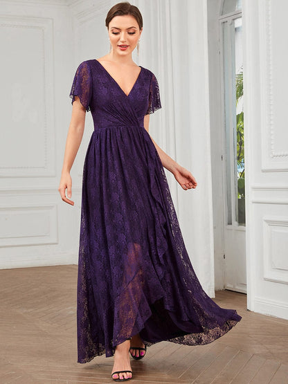 Pleated V-Neck Short Sleeve Ruffled Lace Evening Dress #color_Dark Purple