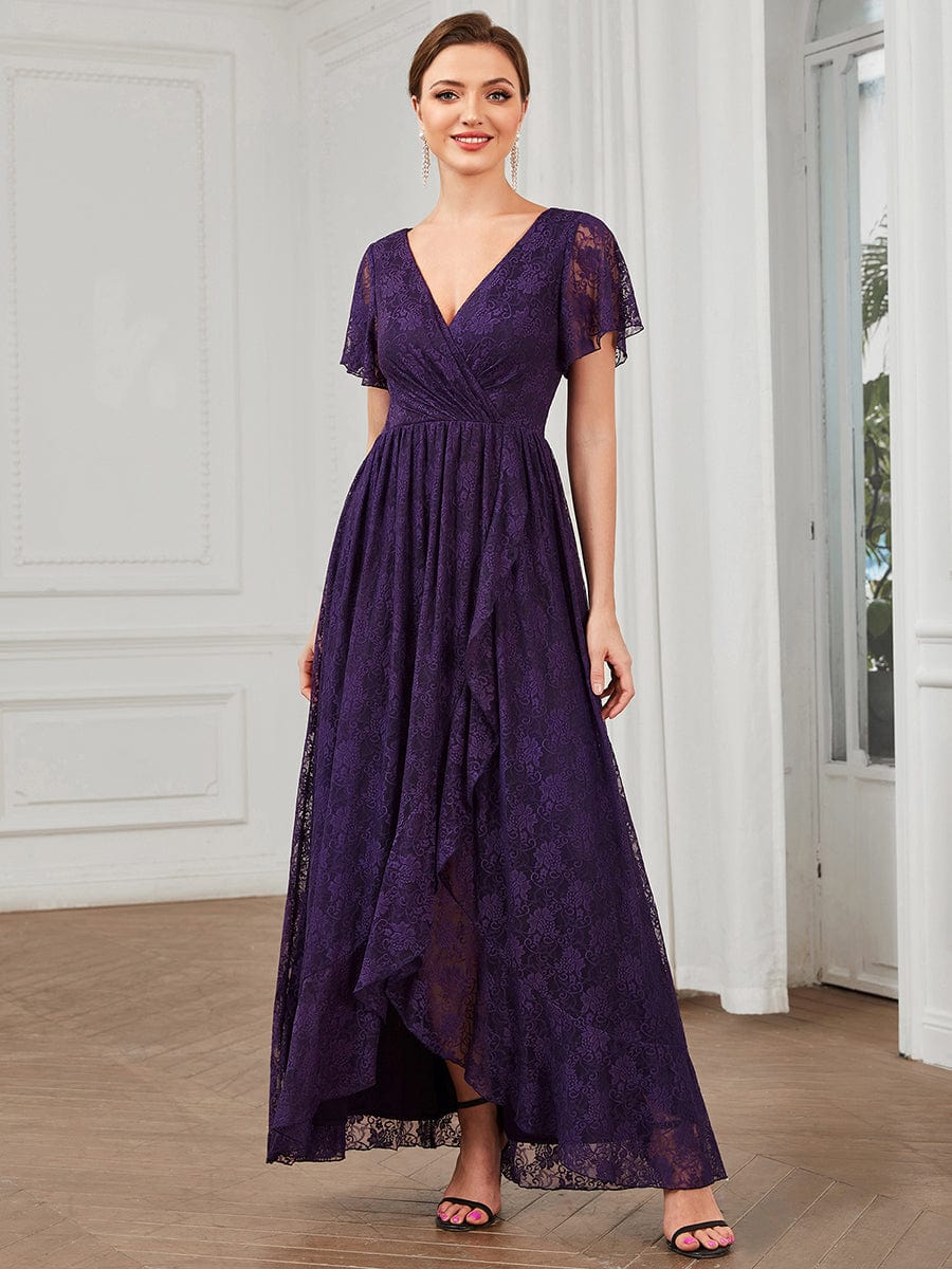 Pleated V-Neck Short Sleeve Ruffled Lace Evening Dress #color_Dark Purple