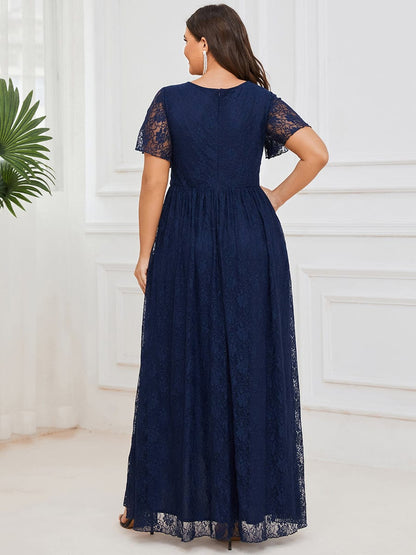 Plus Size Short Sleeve Ruffled V-Neck A-Line Lace Evening Dress #color_Navy Blue