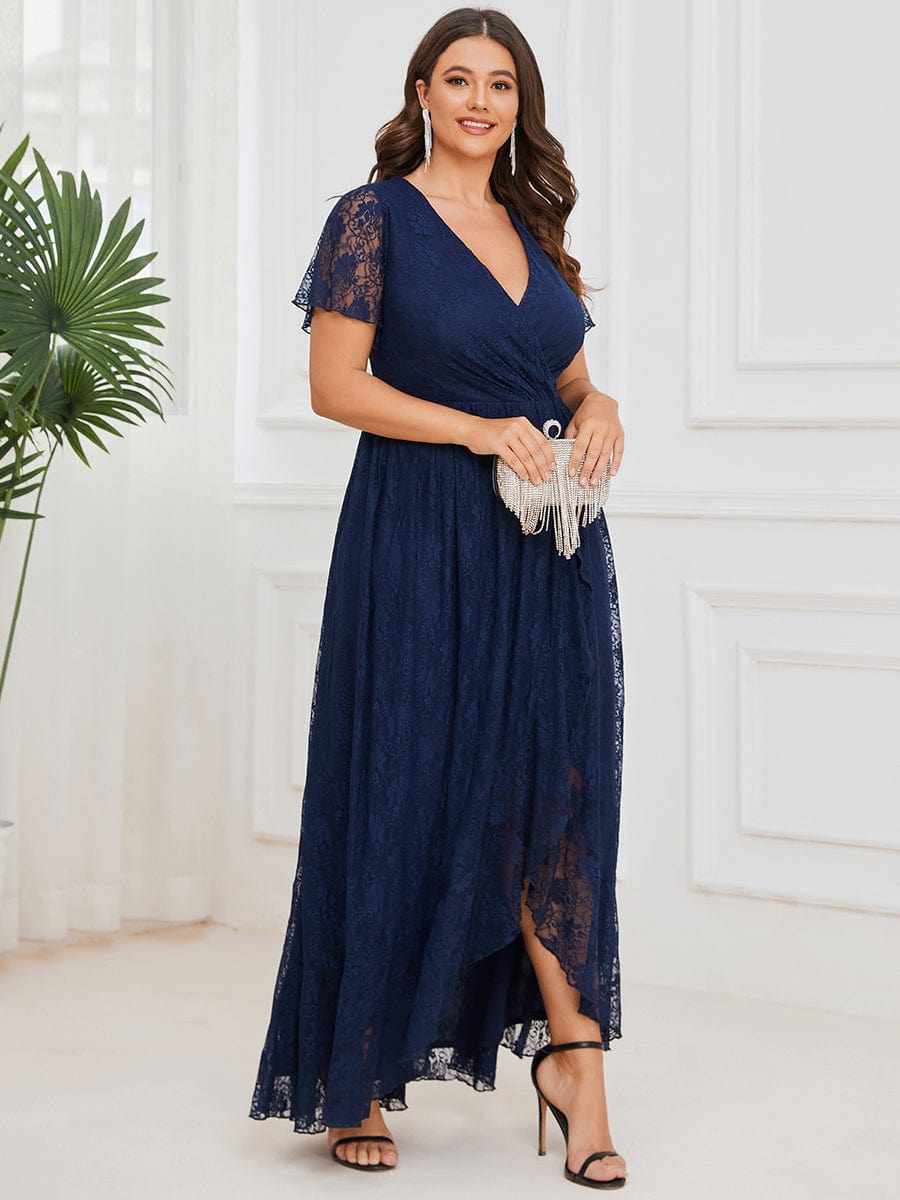 Plus Size Short Sleeve Ruffled V-Neck A-Line Lace Evening Dress #color_Navy Blue