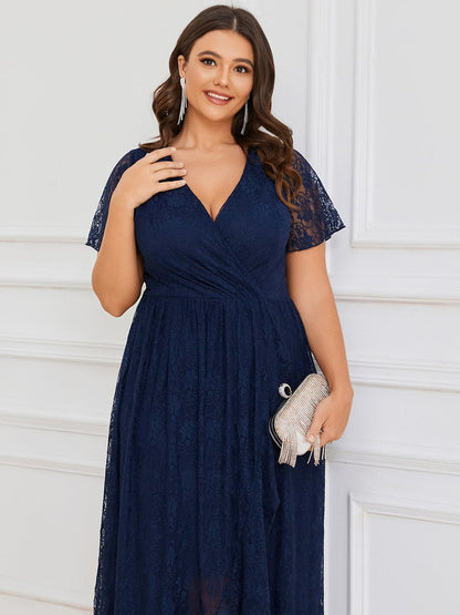 Plus Size Short Sleeve Ruffled V-Neck A-Line Lace Evening Dress #color_Navy Blue