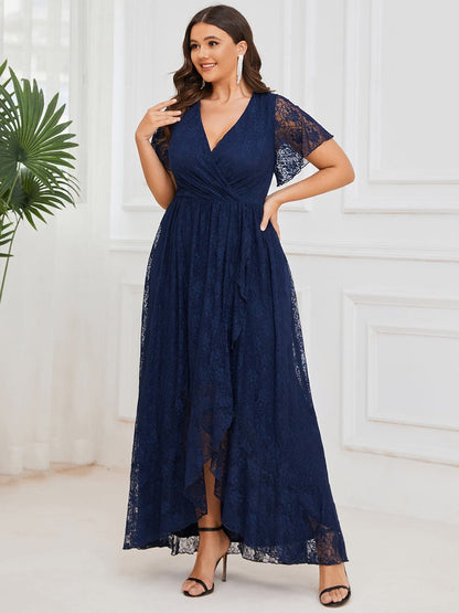 Pleated V-Neck Short Sleeve Ruffled Lace Evening Dress #color_Navy Blue