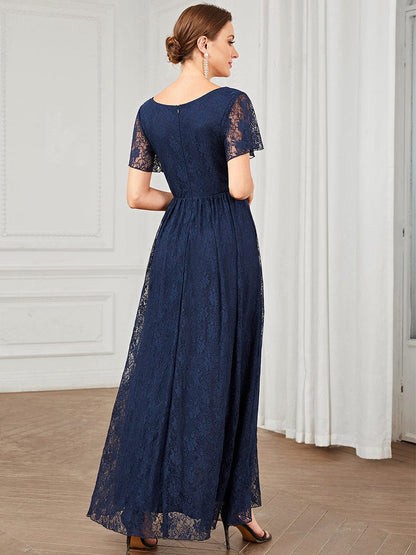 Pleated V-Neck Short Sleeve Ruffled Lace Evening Dress #color_Navy Blue