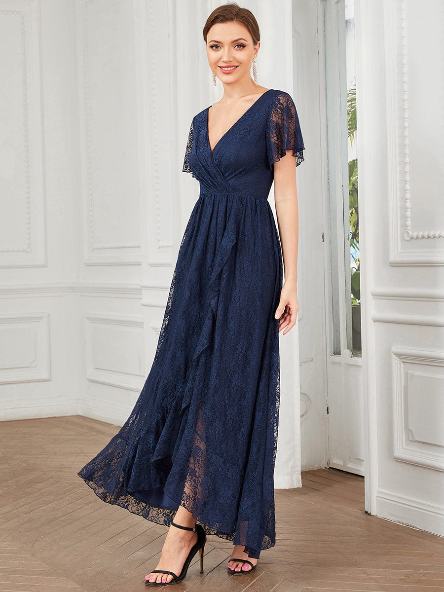 Pleated V-Neck Short Sleeve Ruffled Lace Evening Dress #color_Navy Blue