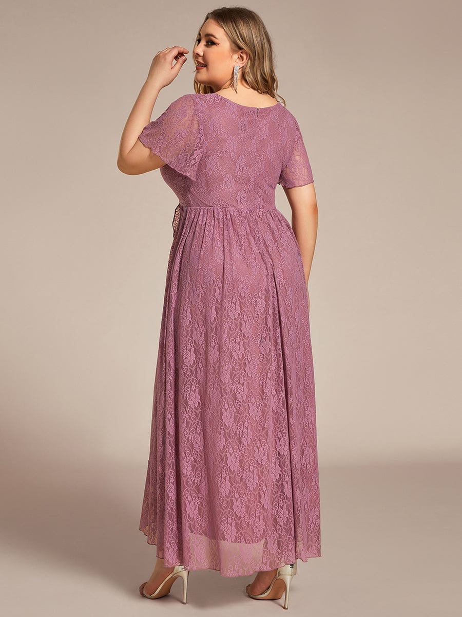 Custom Size Short Sleeve Ruffled V-Neck A-Line Lace Evening Dress #color_Purple Orchid