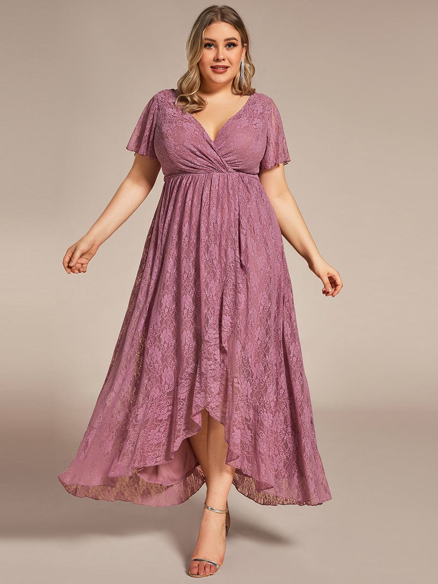 Custom Size Short Sleeve Ruffled V-Neck A-Line Lace Evening Dress #color_Purple Orchid