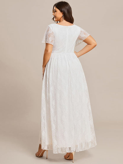 Pleated V-Neck Short Sleeve Ruffled Lace Evening Dress #color_White