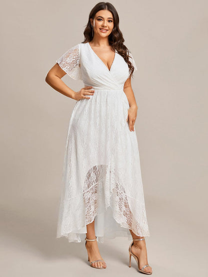 Pleated V-Neck Short Sleeve Ruffled Lace Evening Dress #color_White