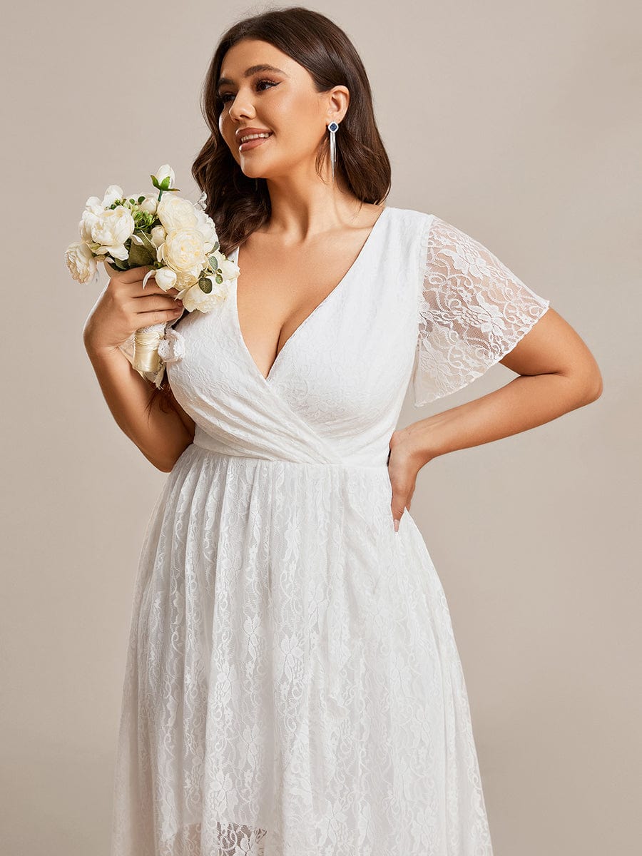 Pleated V-Neck Short Sleeve Ruffled Lace Evening Dress #color_White