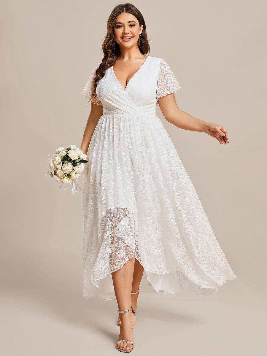 Plus Size Short Sleeve Ruffled V-Neck A-Line Lace Evening Dress #color_White