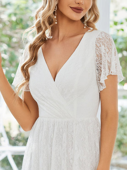 Pleated V-Neck Short Sleeve Ruffled Lace Evening Dress #color_White