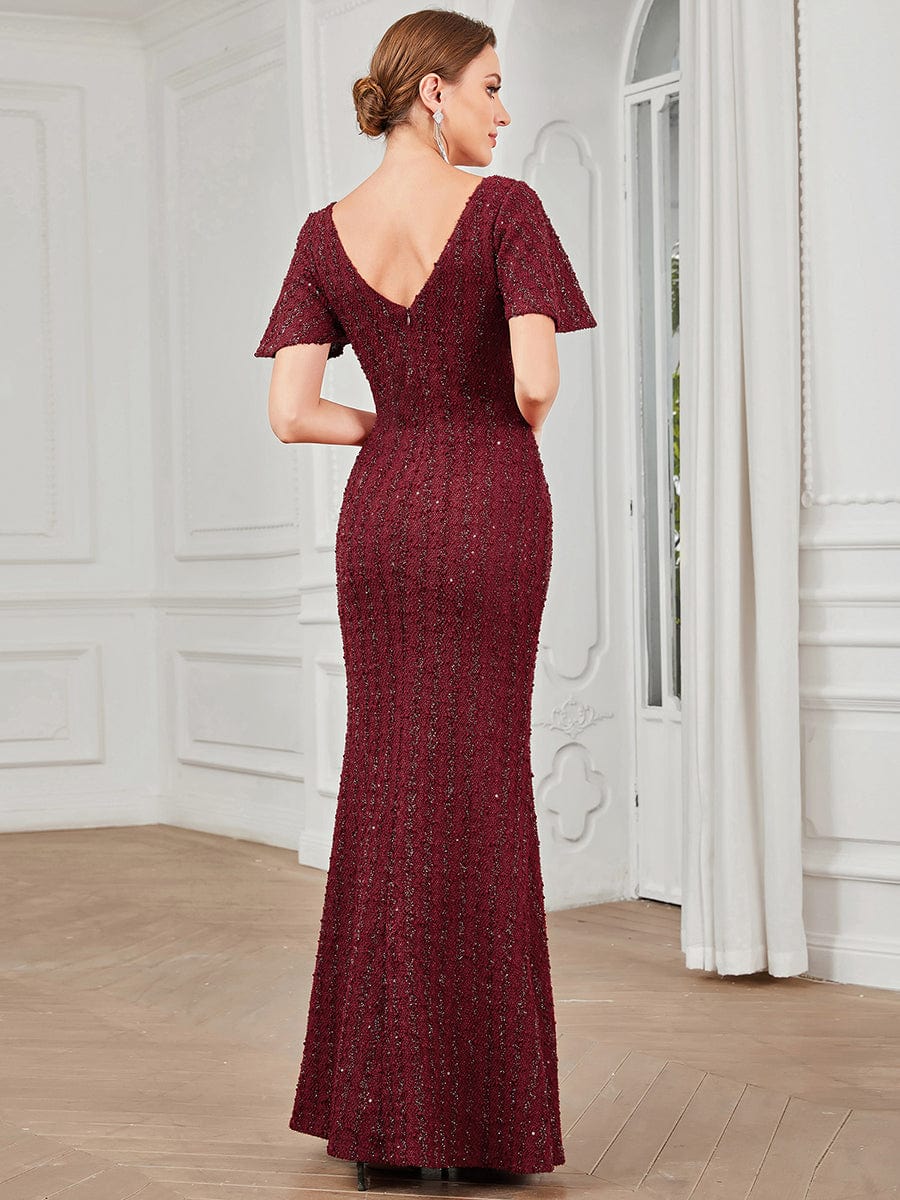 V-Neck Short Sleeve Sequin Striped Floor-Length Bodycon Evening Dress #Color_Burgundy