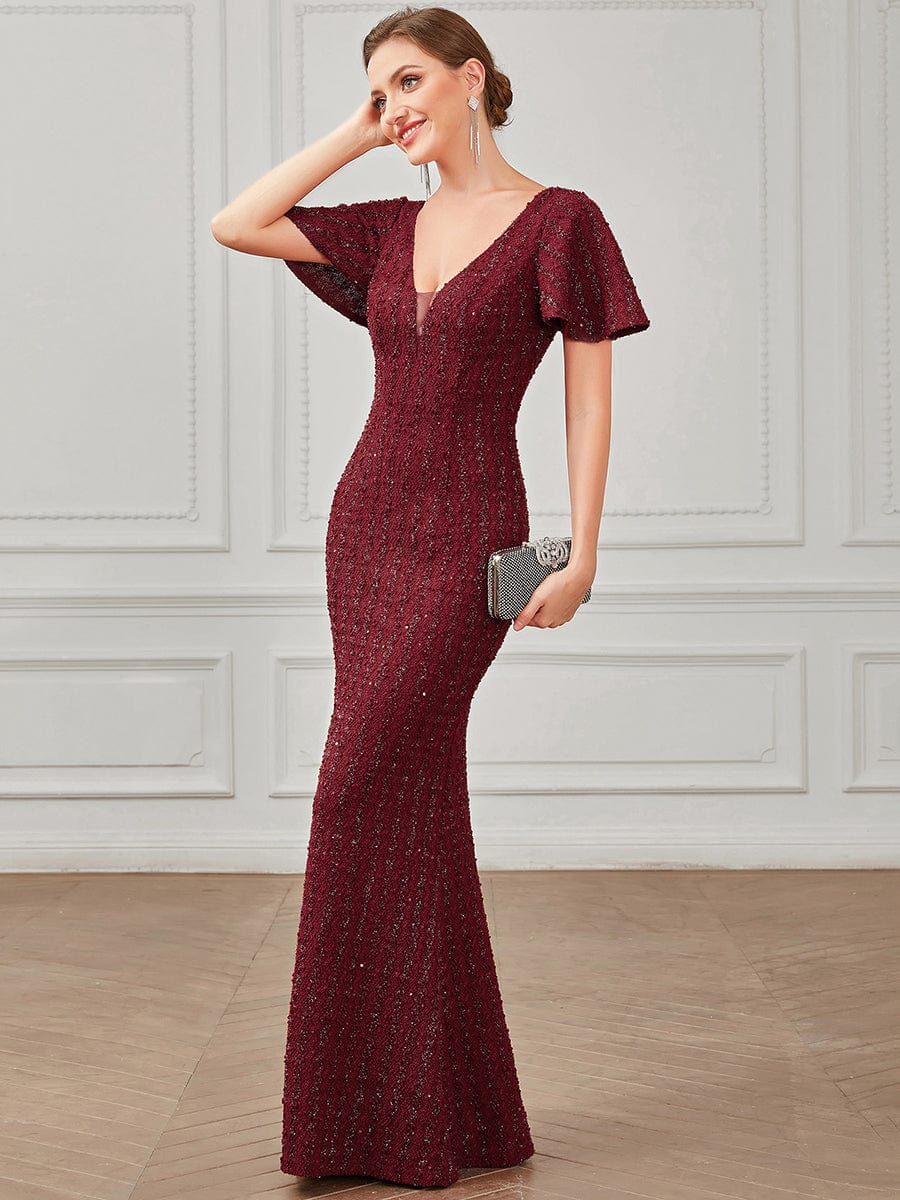 V-Neck Short Sleeve Sequin Striped Floor-Length Bodycon Evening Dress #Color_Burgundy