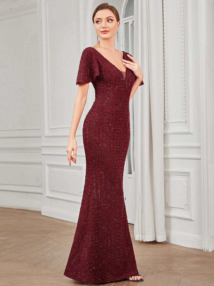 V-Neck Short Sleeve Sequin Striped Floor-Length Bodycon Evening Dress #Color_Burgundy