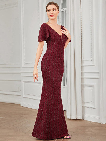 V-Neck Short Sleeve Sequin Striped Floor-Length Bodycon Evening Dress #Color_Burgundy