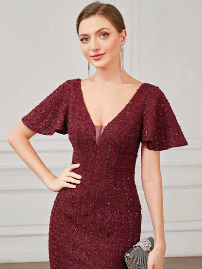 V-Neck Short Sleeve Sequin Striped Floor-Length Bodycon Evening Dress #Color_Burgundy