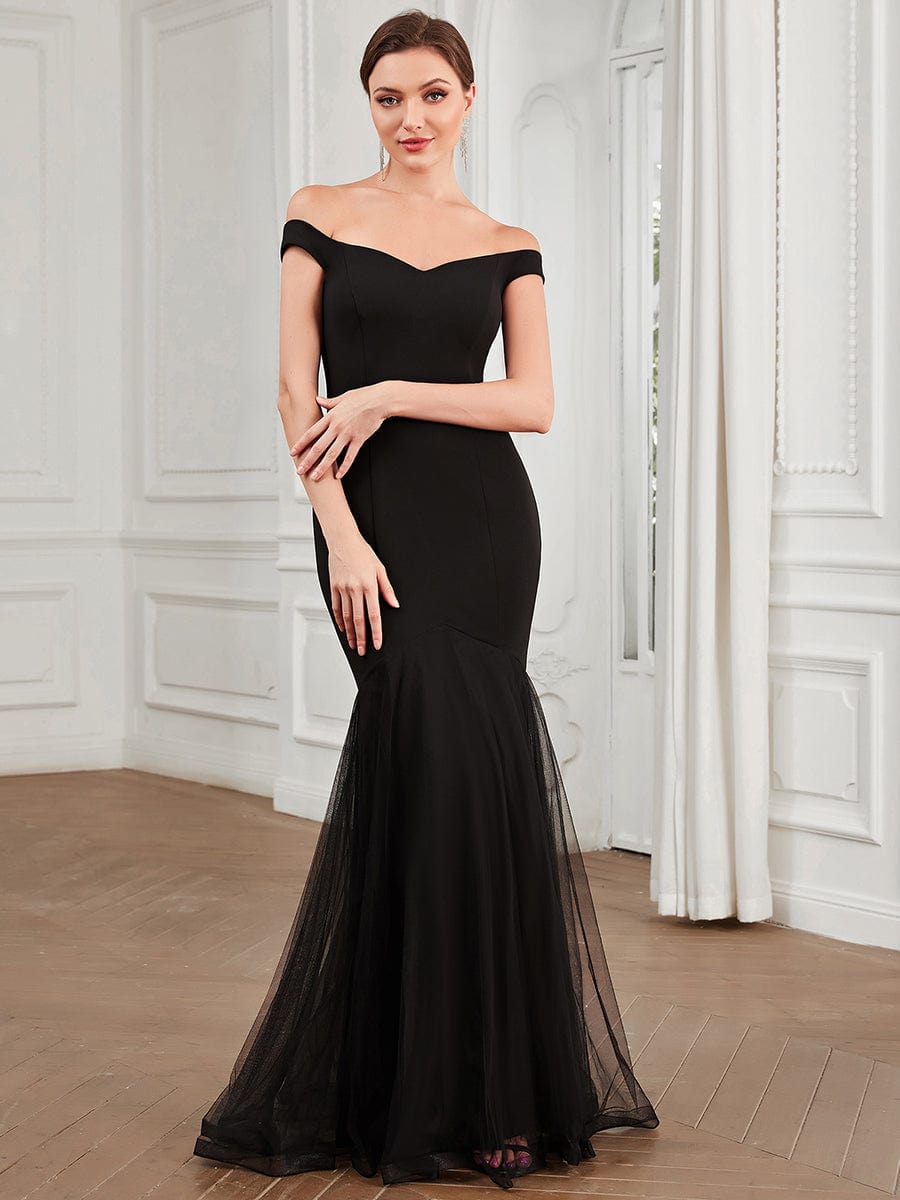 Sweetheart Off Shoulder Mermaid Tulle Bodycon Evening Dress #Color_Black