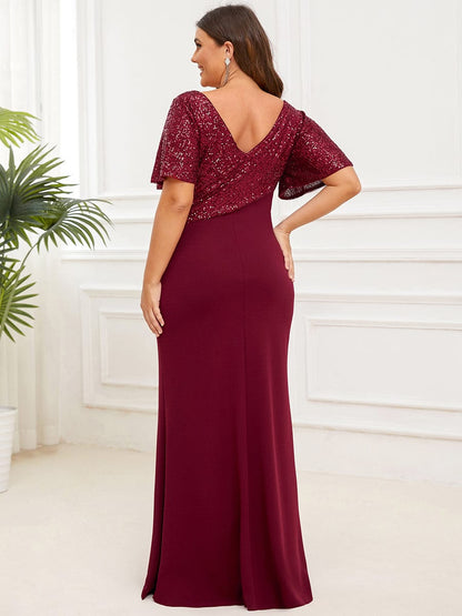 Sequin Short Sleeve Top Cinched Waist Column Evening Dress #Color_Burgundy