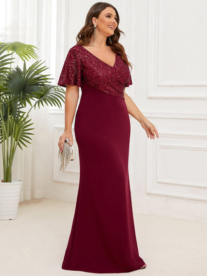 Plus Size Top Cinched Waist Column Sequin Evening Dress #Color_Burgundy