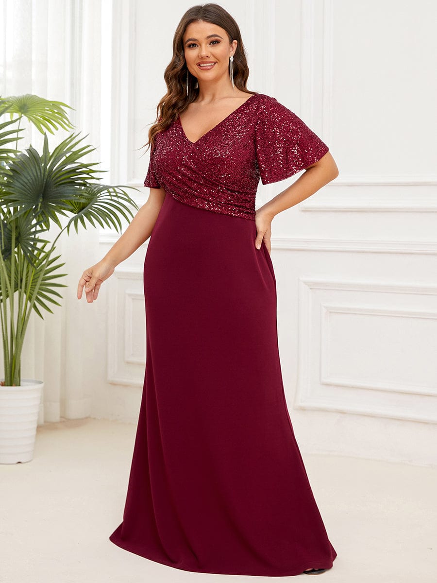 Plus Size Top Cinched Waist Column Sequin Evening Dress #Color_Burgundy