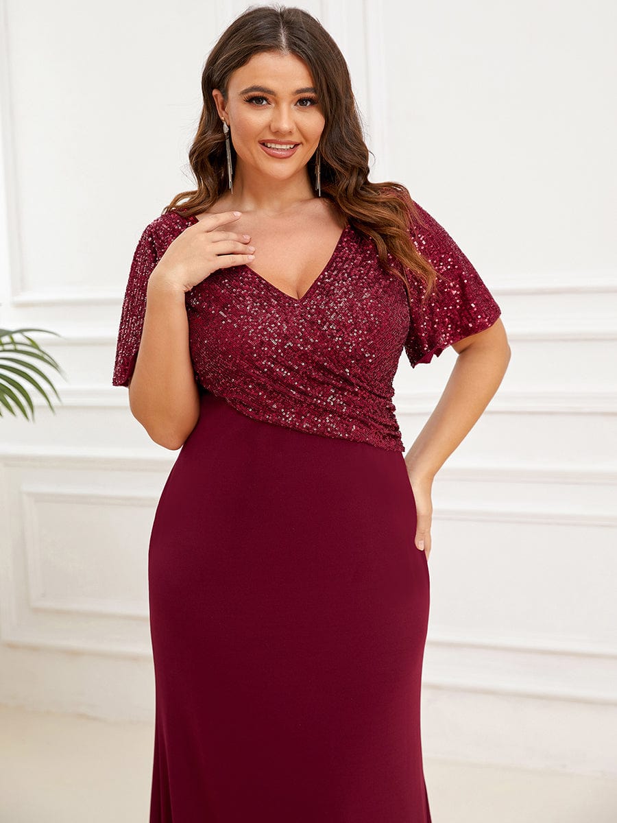 Sequin Short Sleeve Top Cinched Waist Column Evening Dress #Color_Burgundy