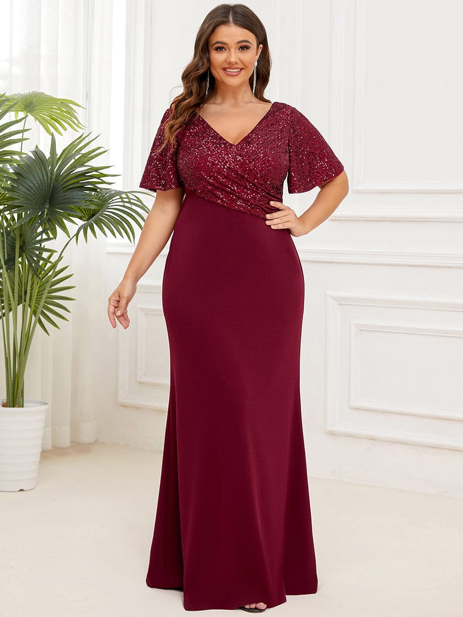 Sequin Short Sleeve Top Cinched Waist Column Evening Dress #Color_Burgundy