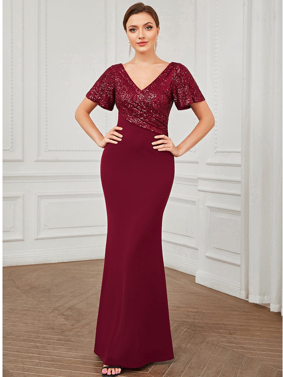 Sequin Short Sleeve Top Cinched Waist Column Evening Dress #Color_Burgundy