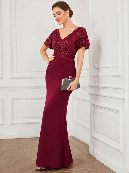 Sequin Short Sleeve Top Cinched Waist Column Evening Dress #Color_Burgundy