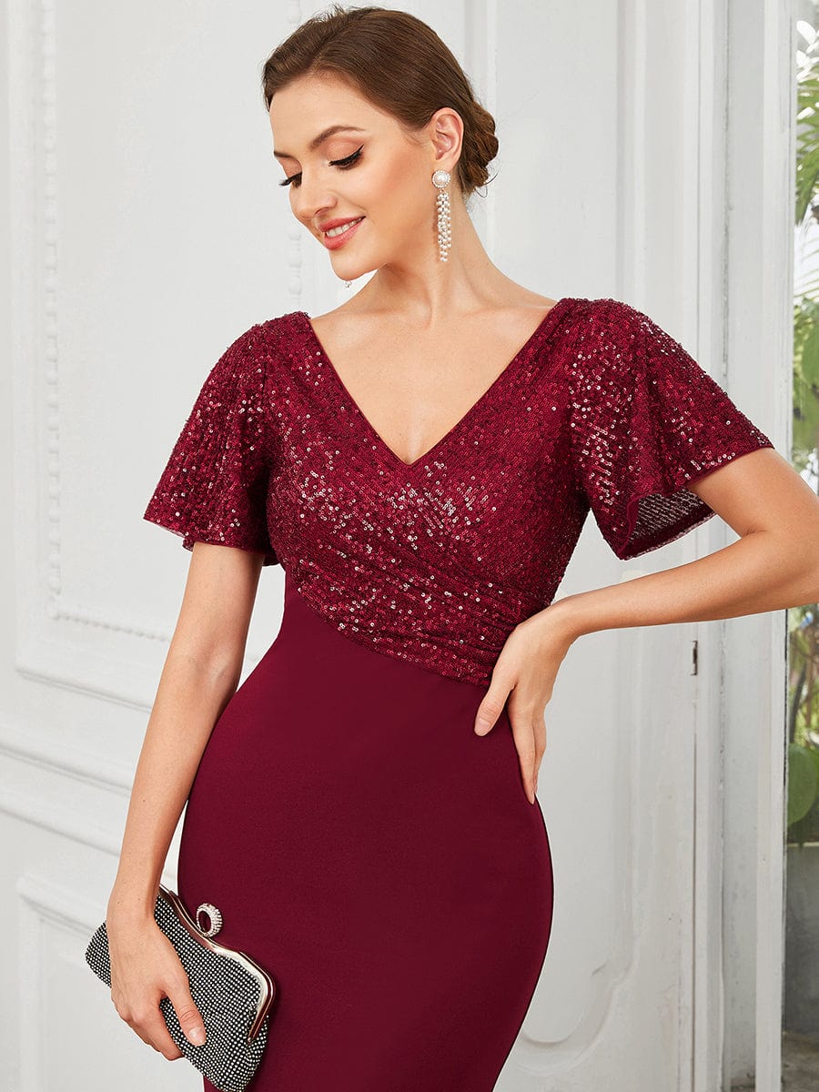 Sequin Short Sleeve Top Cinched Waist Column Evening Dress #Color_Burgundy