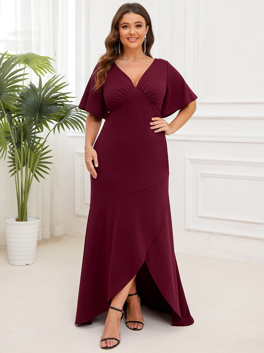 Plus Size V-Neck Pleated Short Sleeve Ruffled Front Slit Evening Dress