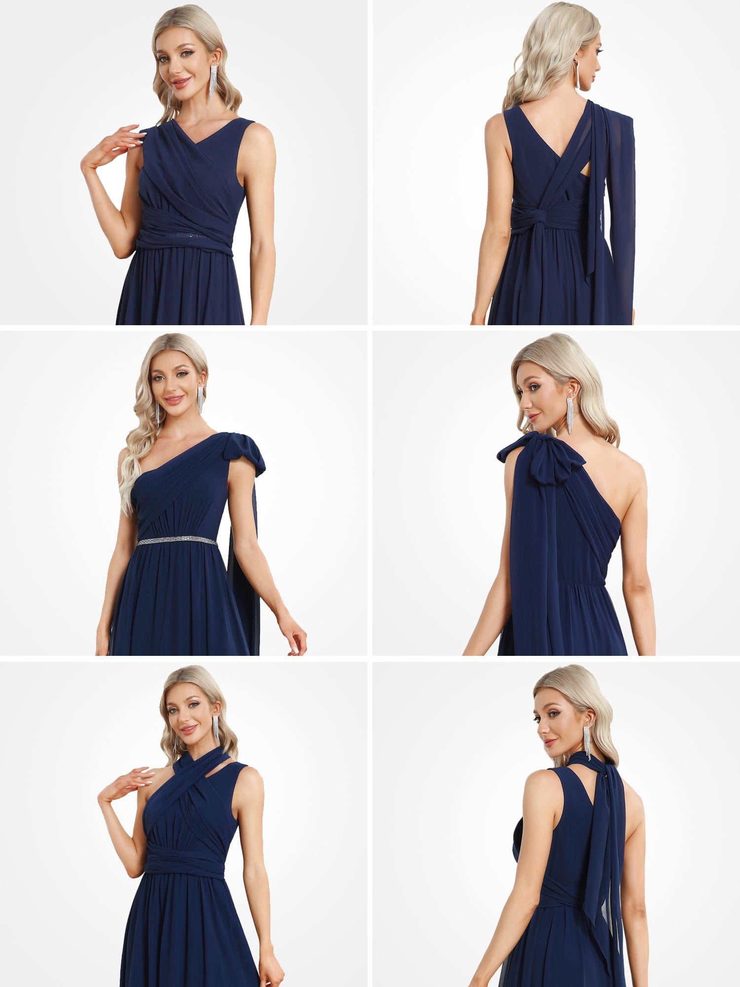 Embellished Waist Asymmetrical One Shoulder Chiffon Evening Dress #Color_Navy Blue