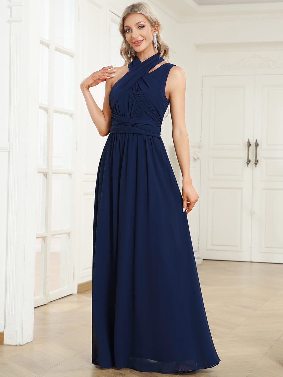 Embellished Waist Asymmetrical One Shoulder Chiffon Evening Dress #Color_Navy Blue