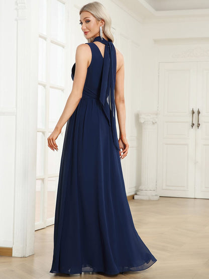 Embellished Waist Asymmetrical One Shoulder Chiffon Evening Dress #Color_Navy Blue