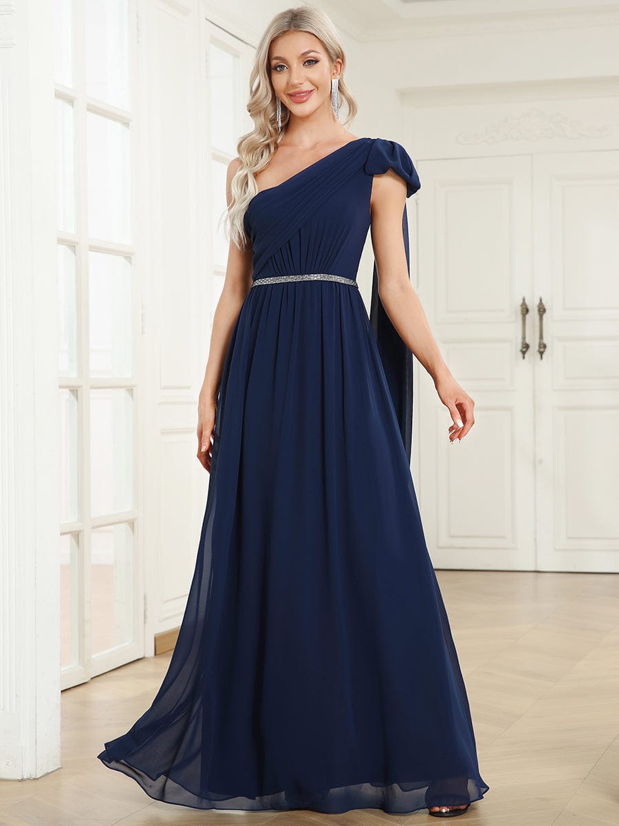 Embellished Waist Asymmetrical One Shoulder Chiffon Evening Dress #Color_Navy Blue